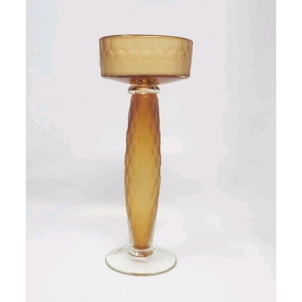 Venini Battuto Murano Honeycomb Amber Pillar Candle Holder  10" Art Glass MCM